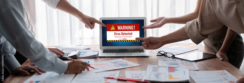 Poster virus warning alert on computer screen detected brisk cyber threat , hacker, computer virus and malw