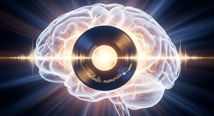 Artistic representation of a brain with a vinyl record symbolizing the connection between music and memory, sound waves emanating from creative thoughts