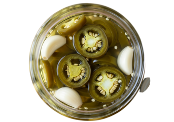 Pickled jalapeos and garlic in a jar isolated on transparent background