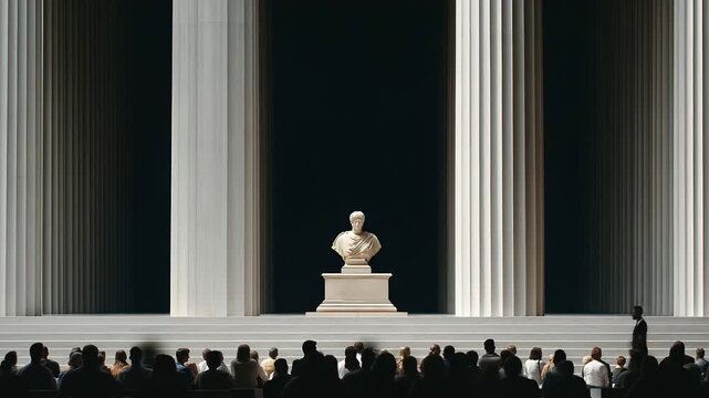A group of tourists admires a Greek statue in a classical gallery with marble gleaming cameras flashing a guide speaking softly and columns in the background shown in a