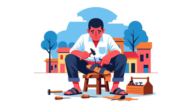 Artisan's Craftsmanship: An artisan meticulously works on a shoe, embodying the dedication and precision of skilled craftsmanship against the backdrop of a quaint village.