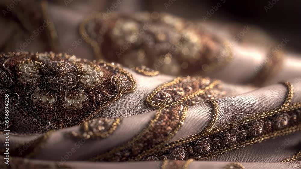Poster medium shot featuring decorative border trims scattered on fabric focusing on ornate stitching with 