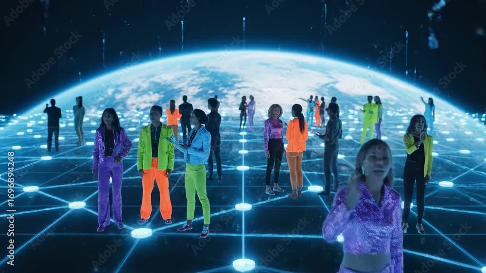 Poster global network connection - diverse group of people stand on a glowing grid representing a global ne
