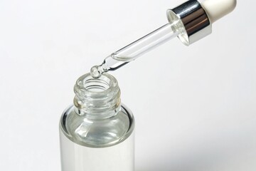 Closeup of a transparent glass bottle with a pipette, isolated on white background perfect for showcasing cosmetic products, essential oils, or pharmaceutical solutions
