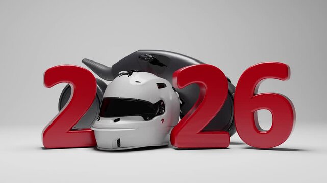 A futuristic motorcycle and a white helmet forming the zero in the year 2026. A concept for the future of speed, racing, and technology.