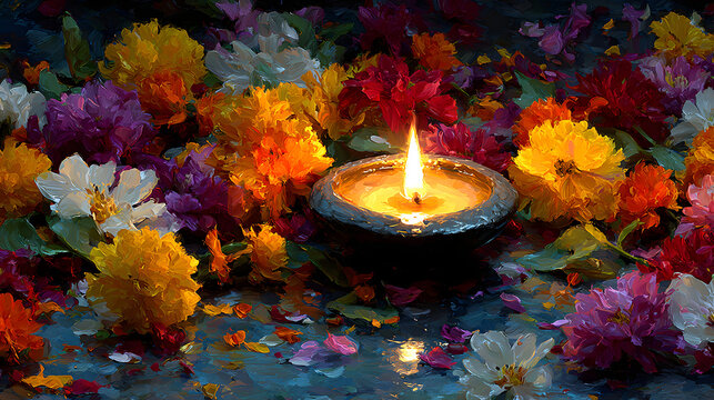 Diwali with a lit diya candle, surrounded by vibrantflowers and petals, symbolzing the triumph of light ver darkness. Greeting car design template