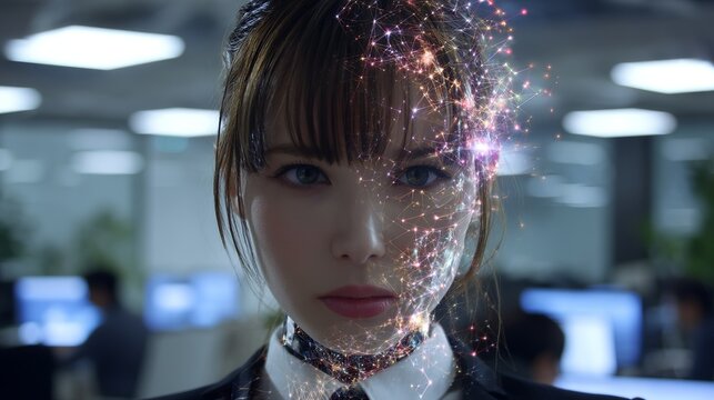 Modern businesswoman with futuristic digital overlay representing data analysis and AI integration in a professional office setting