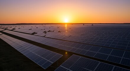 Solar panel farm at sunset for renewable energy