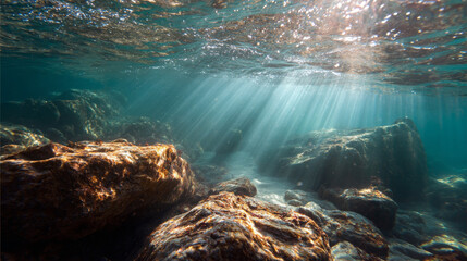 Sunlight streaming through ocean surface illuminating underwater rocks
