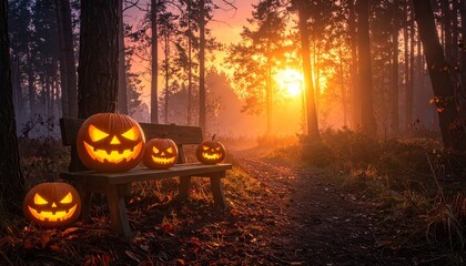 Two glowing jack-o'-lanterns on wooden bench in autumn forest at sunset with warm light and fallen leaves.
