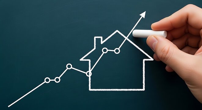 Hand drawing a house with an upward trending graph on a chalkboard