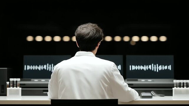 A researcher examines telomere binding proteins in a proteomics lab with mass spectrometers analyzing screens showing protein peaks samples in vials and a lab bench cluttered