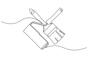 Continuous one line drawing of Brush or roller for painting. Single line drawing illustration of Paint Brushes or rollers. Interior or exterior walls concept vector art. Doodle line illustration.
