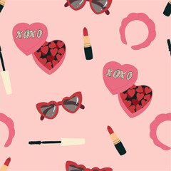 Seamless pattern with lipstick, mascara, sunglasses, candies in a heart shaped box. Women's design. Girl things. Hand drawn vector illustration