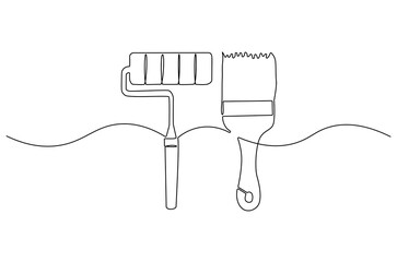 Continuous one line drawing of Brush or roller for painting. Single line drawing illustration of Paint Brushes or rollers. Interior or exterior walls concept vector art. Doodle line illustration.
