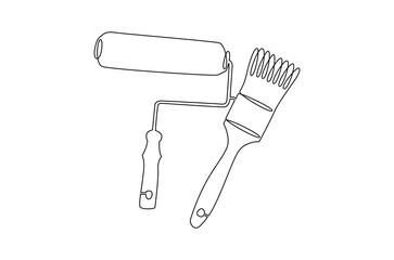 Continuous one line drawing of Brush or roller for painting. Single line drawing illustration of Paint Brushes or rollers. Interior or exterior walls concept vector art. Doodle line illustration.