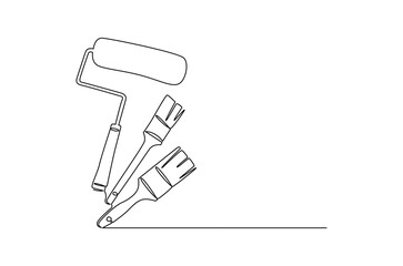 Continuous one line drawing of Brush or roller for painting. Single line drawing illustration of Paint Brushes or rollers. Interior or exterior walls concept vector art. Doodle line illustration.