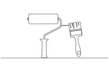 Continuous one line drawing of Brush or roller for painting. Single line drawing illustration of Paint Brushes or rollers. Interior or exterior walls concept vector art. Doodle line illustration.