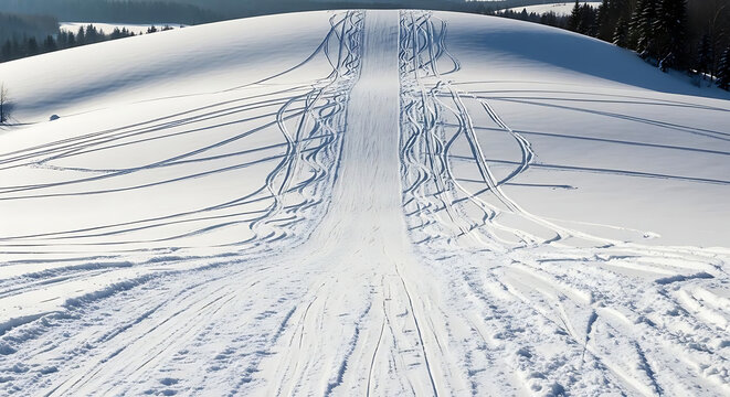 Aerial shot of a snowy hill with many ski tracks leading down and trees on the horizon on a sunny day ai generated