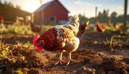 Chicken foraging in a sunlit farmyard with a red barn in the background