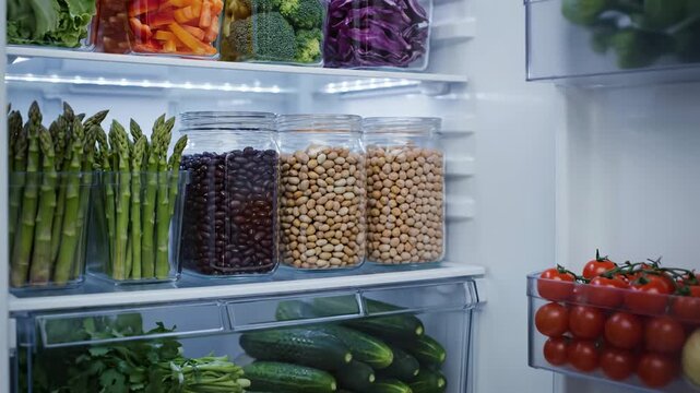 Organized Refrigerator with Fresh Produce and Legumes - A well-organized refrigerator showcasing fresh vegetables, such as asparagus, broccoli, and peppers, alongside containers of dried beans and