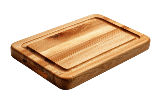 Wooden rectangle cutting board, featuring prominent juice groove and chamfered edge. An essential kitchenware item for cooking and food preparation, fostering healthy meals and joyful