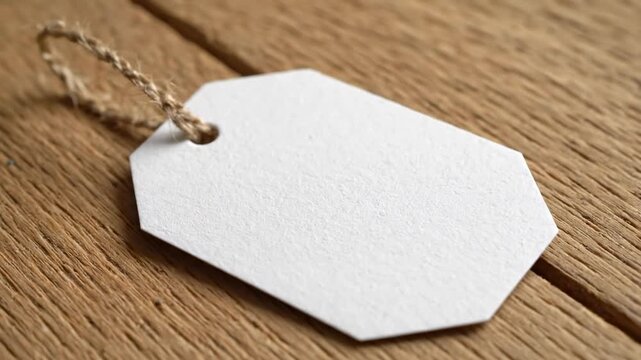 Blank Oval Tag on Wooden Background - A close-up shot of a blank, white oval paper tag with a jute string on a rustic wooden surface. The tag is perfect for adding text or design.