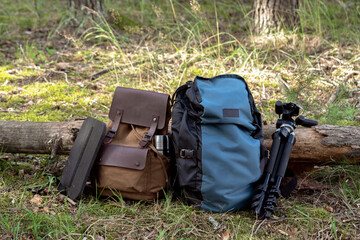 Tourist backpacks at the campsite