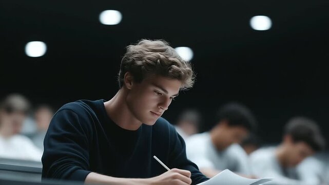 A sophomore practices for a spelling bee in a classroom with word lists open a timer ticking a teacher pronouncing words and classmates cheering quietly shown in a focused phot