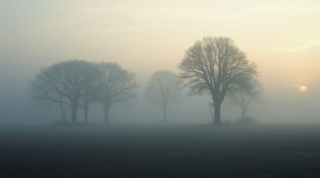 Dense trees shrouded in gentle morning fog, desaturated tones and soft lighting evoke calmness and introspection.


