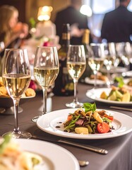 Elegant dinner party, champagne flutes, salad plate