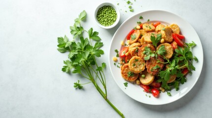 Top-down view of a vegan meal arranged minimally on a clean white plate with fresh herbs and vibrant colors, perfect for menu design or blog content.

