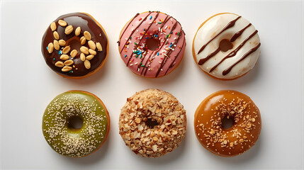Delicious assortment of six colorful and freshly baked donuts with various glazes, sprinkles, and nuts on a white background