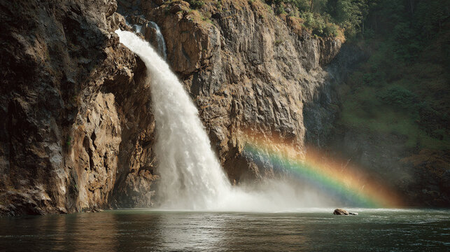 Beautiful waterfall cascades into serene lake creating a vibrant rainbow at midday in a lush forest setting