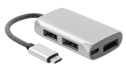 Sleek silver multiport adapter provides efficient connectivity for modern devices. Portable versatile USB C hub simplifies data transfer and expands peripheral options, enhancing