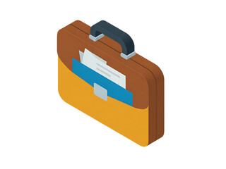 Brown leather briefcase with documents isolated on transparent background