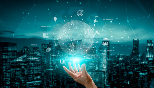 Global business network connecting digital economy and data exchange. Global business expands market, business shares data, global drives finance, and global business supports insight. Vouch