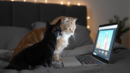Pets Watching Laptop Screen on Bed - A ginger cat and a small black dog sit attentively on a bed, watching a laptop screen displaying an animated video.