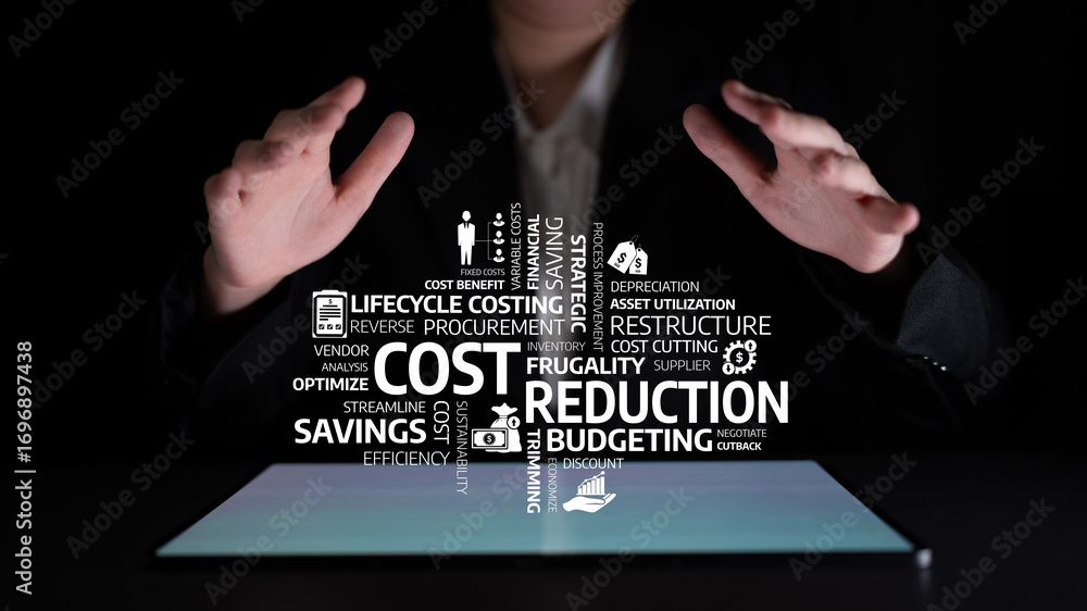 Poster a professional business setting showing hands gesturing over a tablet featuring key concepts of cost