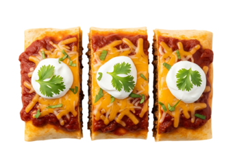 Three rectangular mini pizzas with cheese and sour cream isolated on transparent background