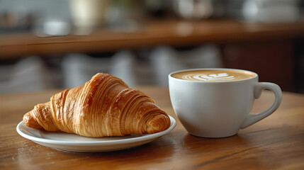 A freshly baked croissant and a hot cup of cappuccino with latte art on a wooden table in a cozy cafe