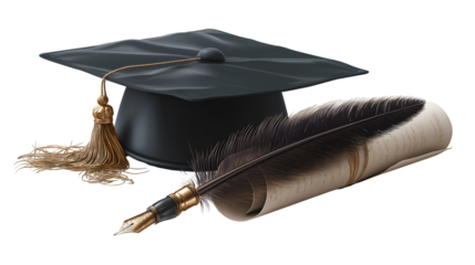 Graduation cap with quill pen on transparent background