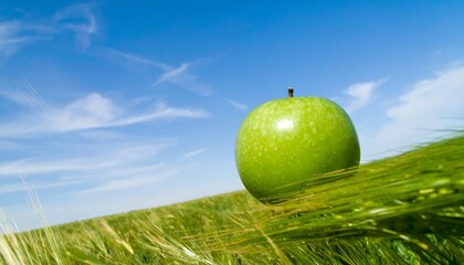 A vibrant green apple rests on a field of wheat against a bright blue sky