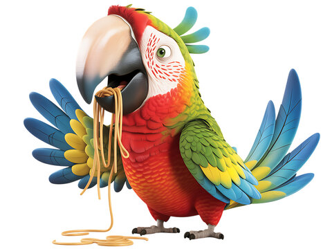 Colorful cartoon parrot eating spaghetti isolated on transparent background