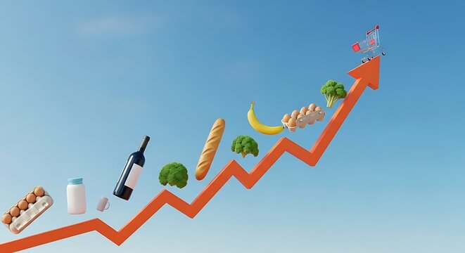 Groceries and shopping cart on a rising arrow indicating inflation