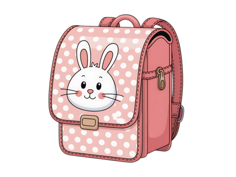 Pink school backpack with bunny face and polka dots isolated on transparent background