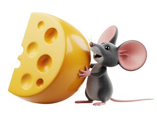 Funny cartoon mouse pushing a large slice of swiss cheese isolated on transparent background