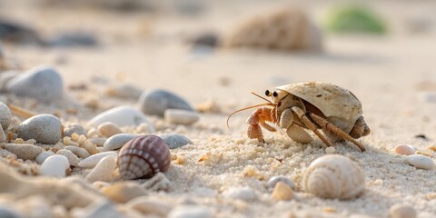 A hermit crab, light-brown shell, crawls right on sunlit beige sand strewn with white pebbles and shells; shallow depth of field, warm light, creating a peaceful, naturalistic macro photograph.
