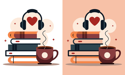 Cozy illustration of stacked books with headphones and a steaming coffee cup symbolizing the joy of listening to audiobooks and enjoying a warm beverage