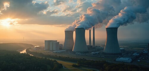 Power plant cooling towers emit massive steam clouds against dramatic sunset sky. Industrial landscape with vast structures, hinting at energy generation, technological processes. Scene conveys